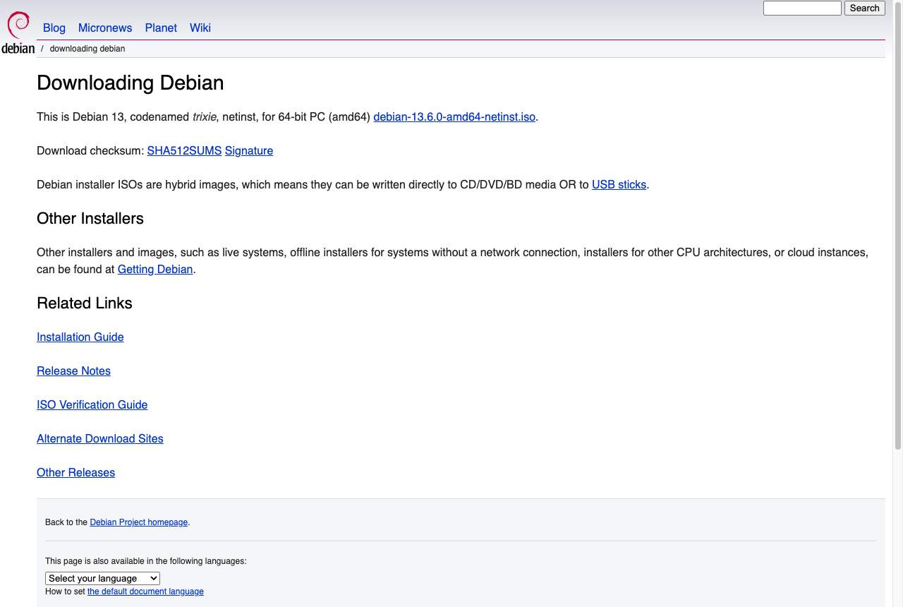 The Debian download page offering debian-13.6.0-amd64-netinst.iso, its SHA512SUMS, and the note that ISOs are hybrid images writable directly to USB sticks