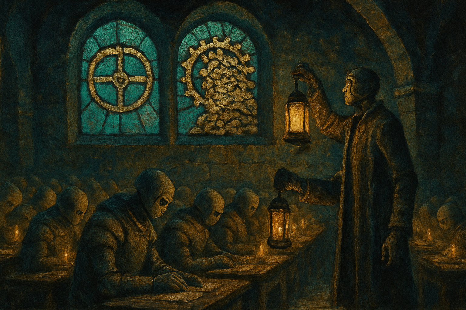 An oil-painted tapestry of a candlelit stone archive: twin stained-glass windows high on the wall show the same gear-mechanism twice, one settled clean and one grinding against a pile of its own duplicates, while a tall hooded robot librarian holds a lantern up to compare them over rows of writing scribes