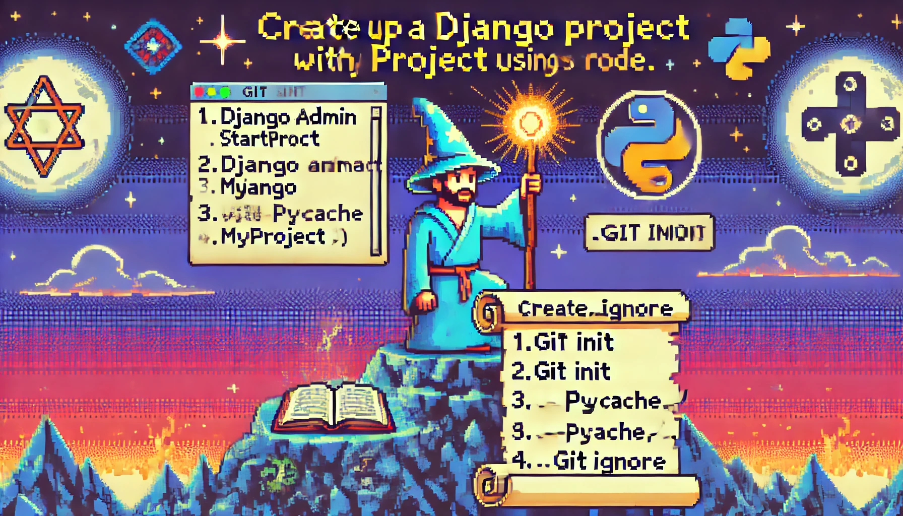 A retro illustration pairing the Django and git logos