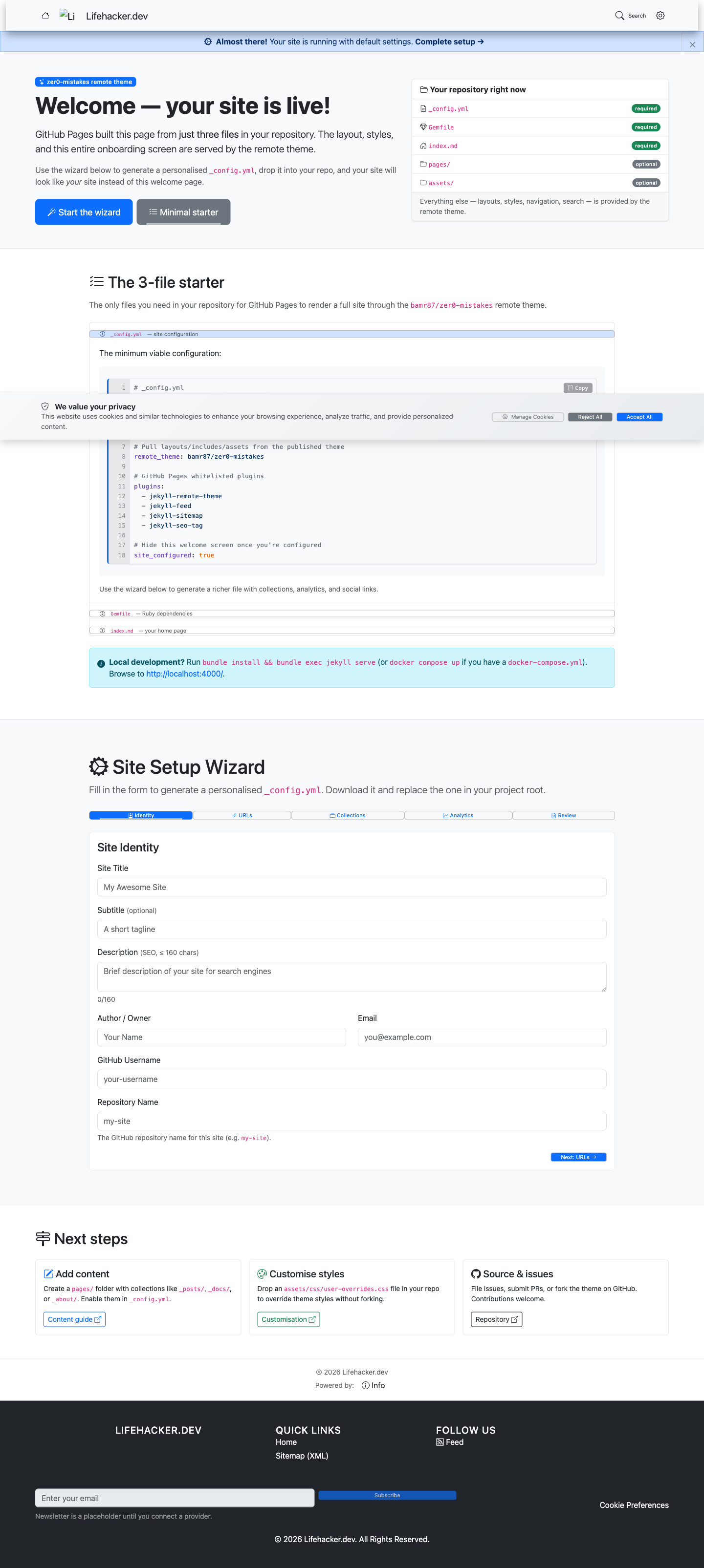 The theme's default "Welcome — your site is live!" onboarding wizard, with placeholder navigation and a setup form.