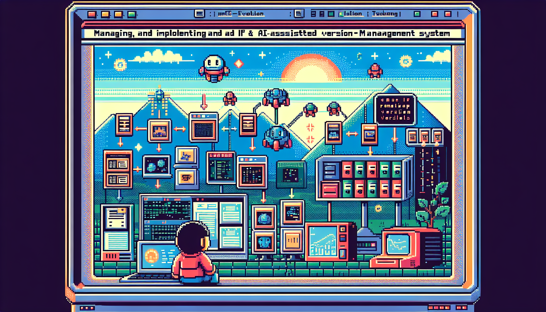 A retro control panel illustrating an automated version-management pipeline