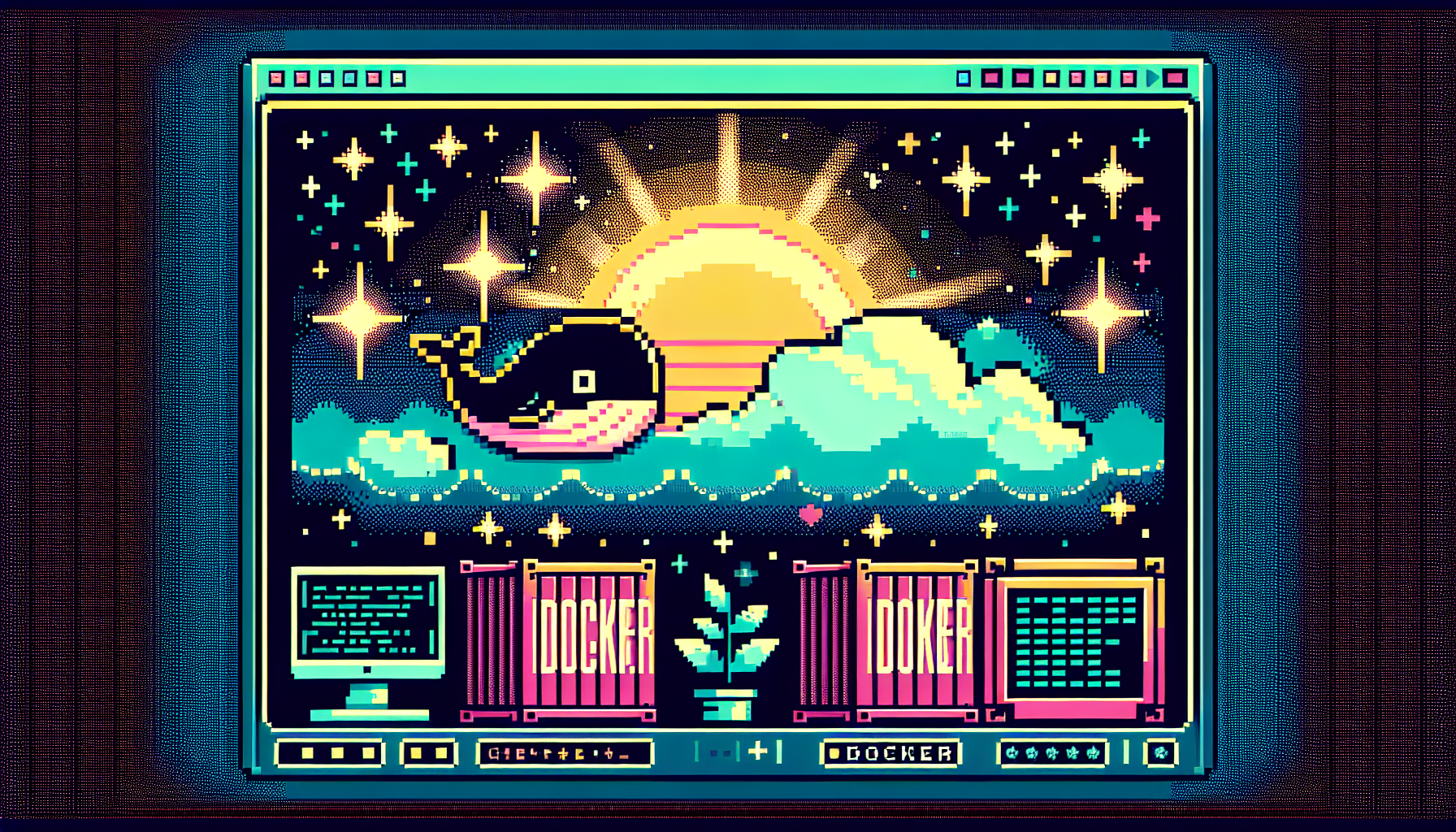 A retro illustration of shipping containers as Docker containers