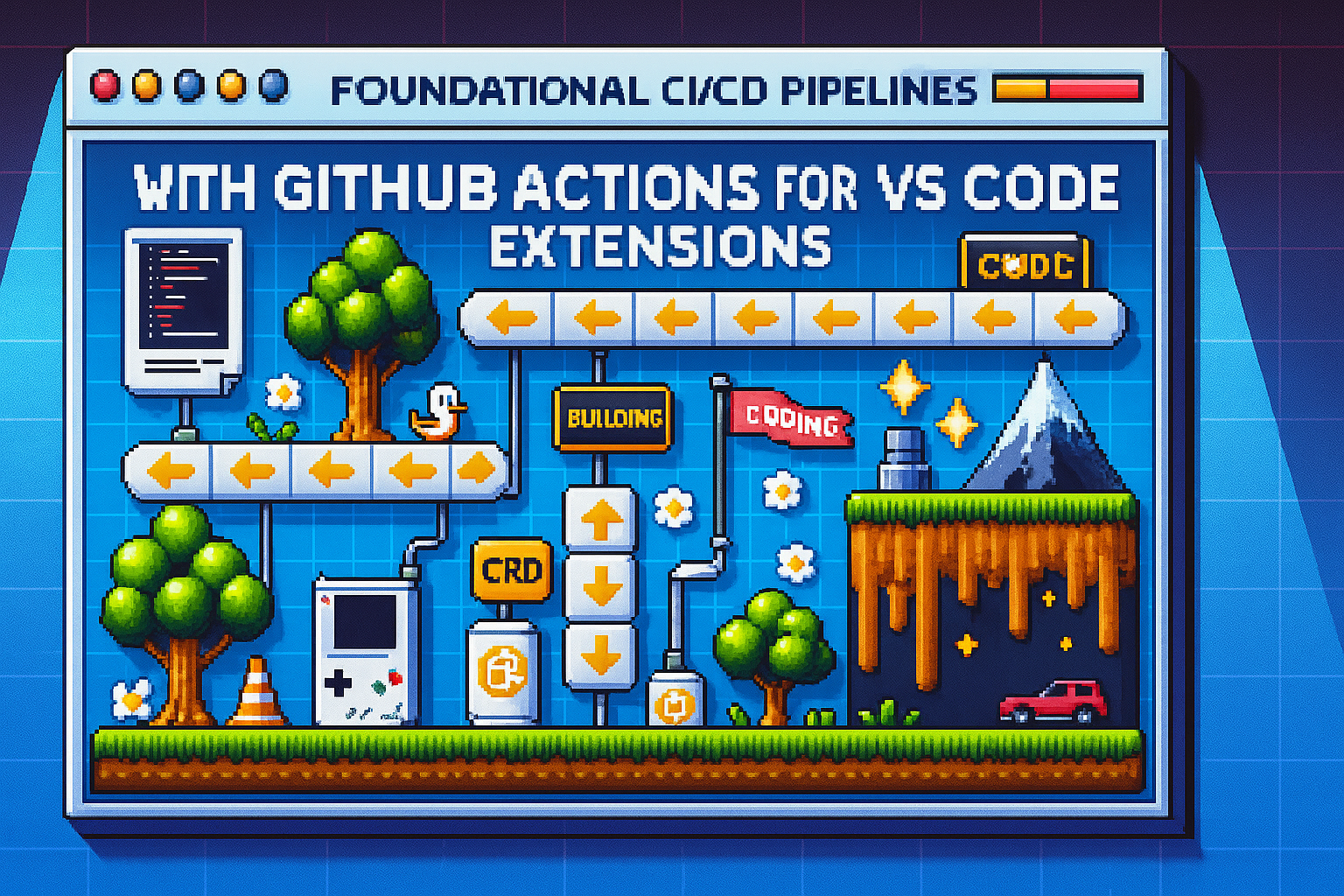 A retro diagram of a CI/CD pipeline with two parallel tracks