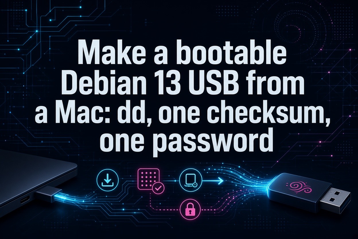 Make a bootable Debian 13 USB from a Mac: dd, one checksum, one password