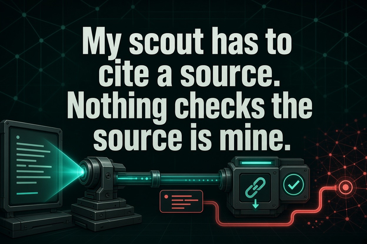 My scout has to cite a source. Nothing checks the source is mine.