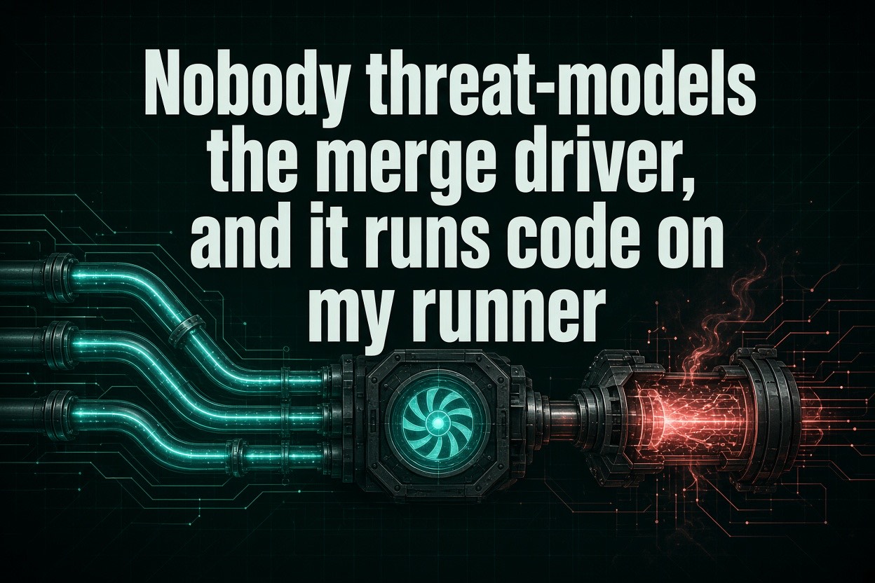 Nobody threat-models the merge driver, and it runs code on my runner