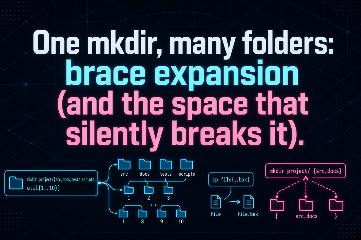 One mkdir, many folders: brace expansion (and the space that silently breaks it)