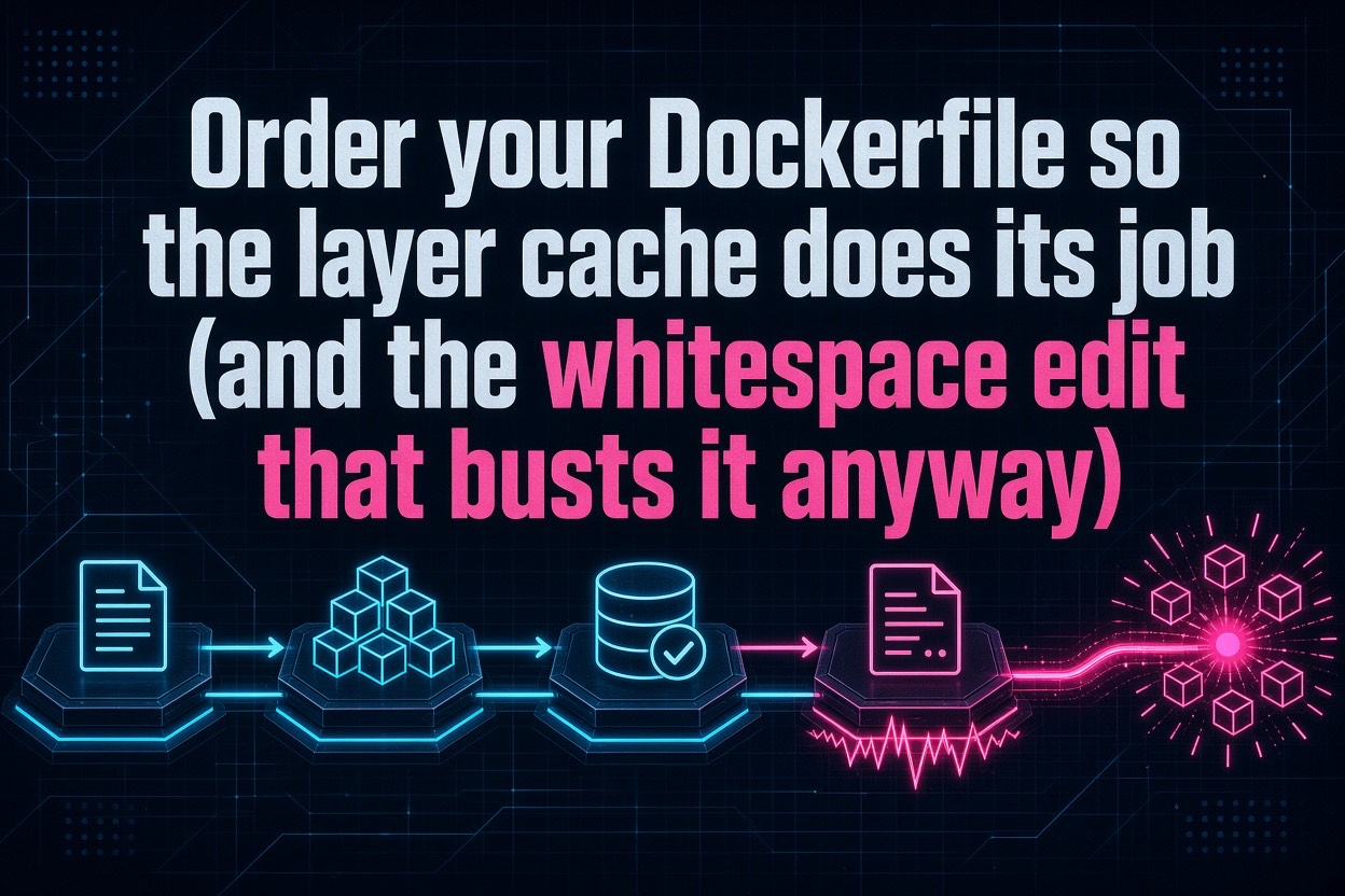 Order your Dockerfile so the layer cache does its job (and the whitespace edit that busts it anyway)