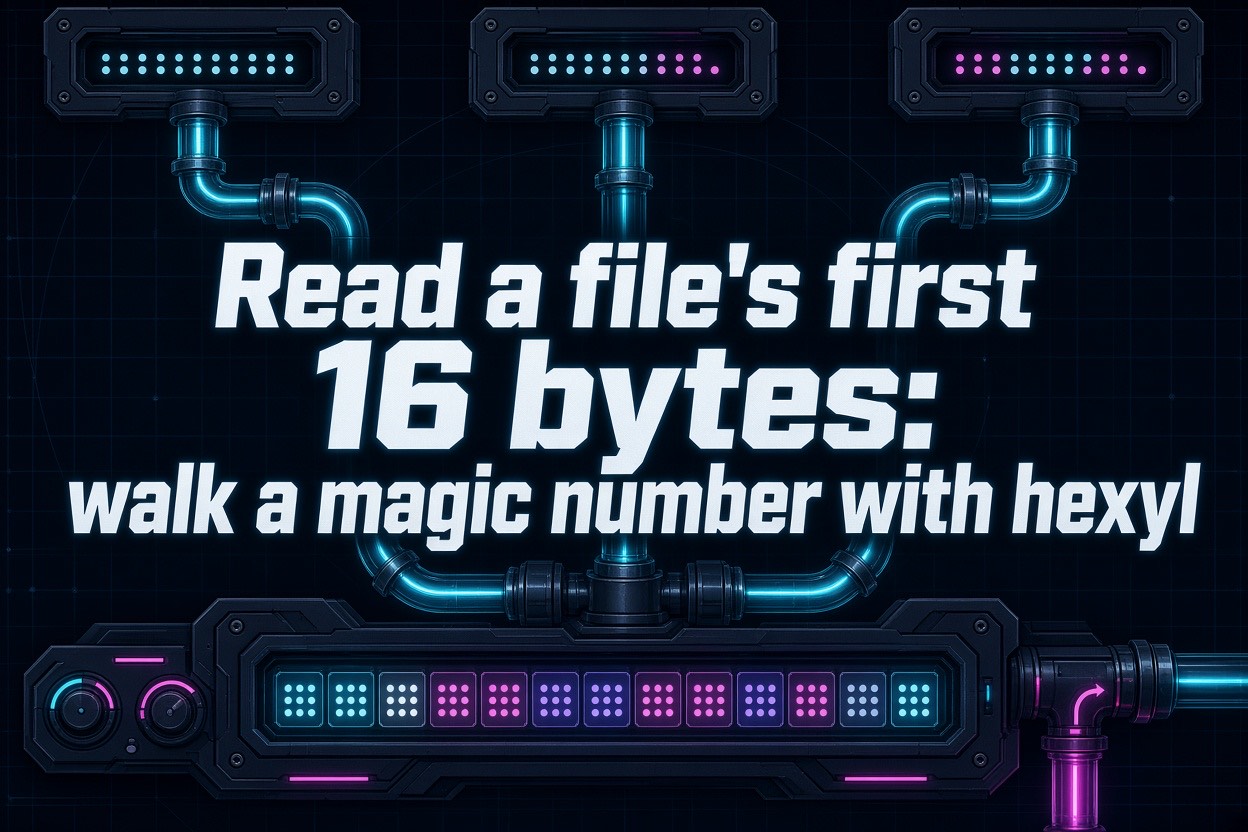 Read a file's first 16 bytes: walk a magic number with hexyl