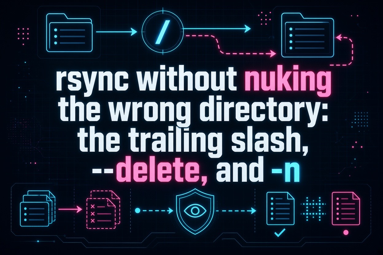 rsync without nuking the wrong directory: the trailing slash, --delete, and -n