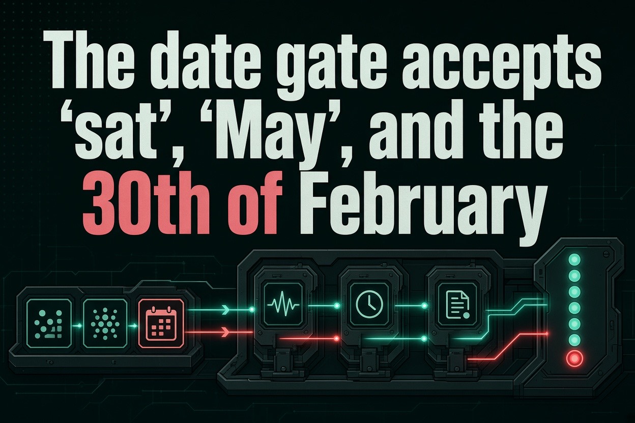 The date gate accepts 'sat', 'May', and the 30th of February