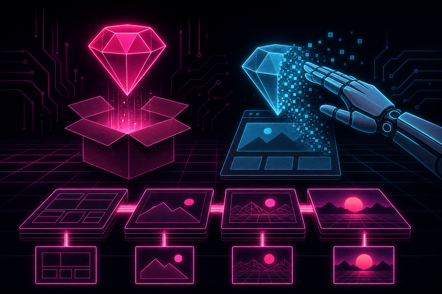 The AI render: a fuchsia Ruby gem above an installer box while a robot hand disperses a cyan copy into pixels