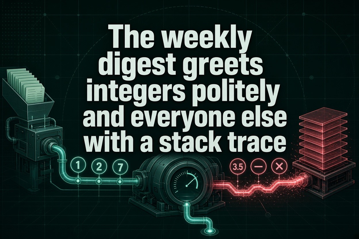 The weekly digest greets integers politely and everyone else with a stack trace