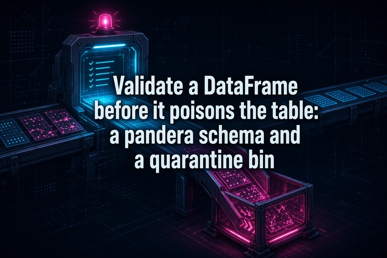 Validate a DataFrame before it poisons the table: a pandera schema and a quarantine bin