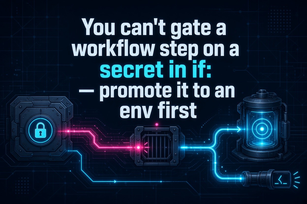 You can't gate a workflow step on a secret in if: — promote it to an env first