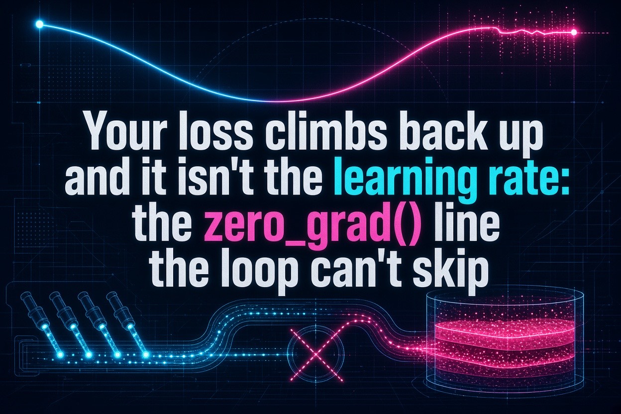 Your loss climbs back up and it isn't the learning rate: the zero_grad() line the loop can't skip
